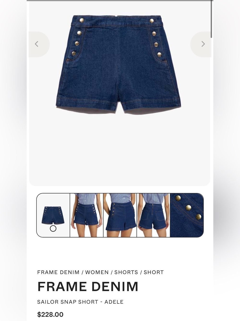 FRAME sailor snap Denim Shorts  in Blue Waist 28